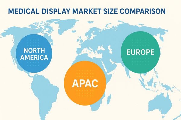 Global medical display market comparison infographic showing APAC, North America, and Europe with growth rates, demand drivers, and challenges, in bright, clear colors, 16:9 format.