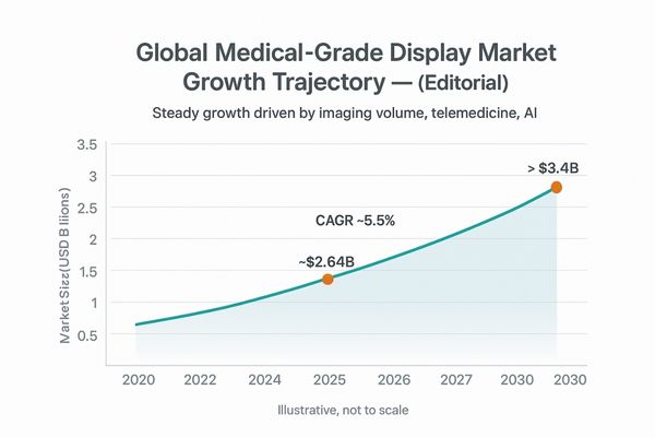 A line graph showing the steady growth of the global medical-grade display market from 2020 to a projected value in 2030