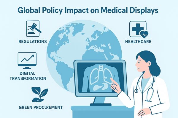 Flat digital illustration showing the global impact of healthcare policies on the medical-grade display market, featuring a light blue world map background with icons of regulations, hospitals, technology, and sustainability.
