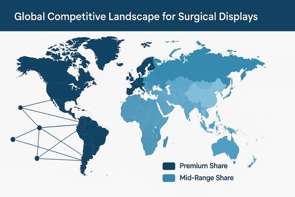 A world map with distinct colored zones representing the market share of premium vs. mid-range manufacturers