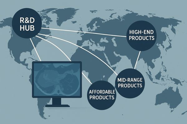A world map with lines connecting a central R&D hub to different global markets with tiered products