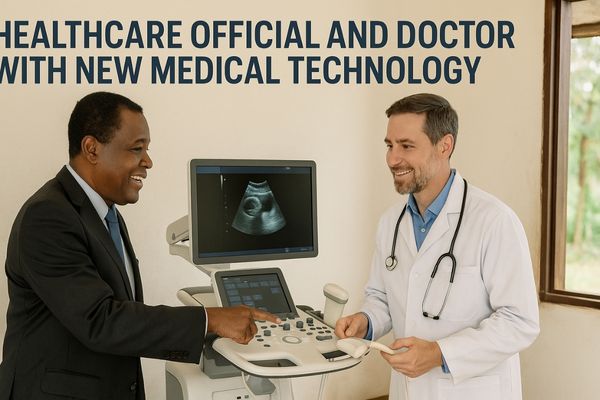 A government health official shaking hands with a rural clinic doctor in front of new medical equipment