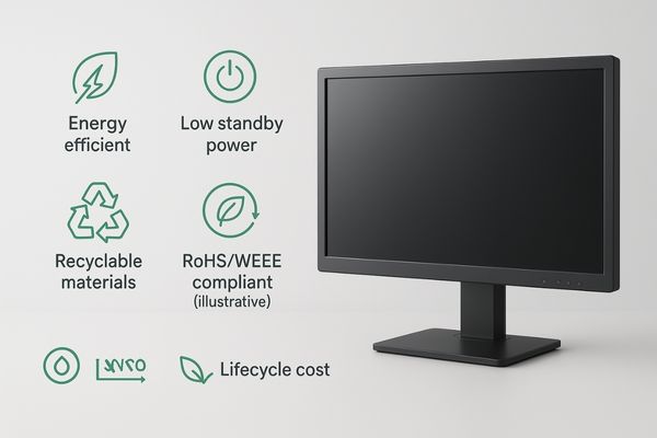 Image of a medical display with green leaf icons indicating energy efficiency and recyclable materials