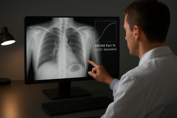 An image of a radiologist examining a chest X-ray on a DICOM-calibrated medical display, with the GSDF curve overlaid