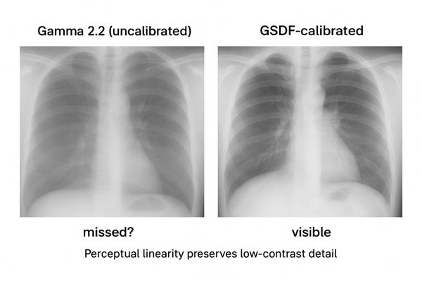 A side-by-side comparison image showing a subtle lesion invisible on a gamma 2.2 monitor but clearly visible on a GSDF-calibrated display