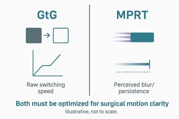 A split-screen diagram showing GtG as a pixel's transition speed and MPRT as the duration a blurred image is visible to the eye