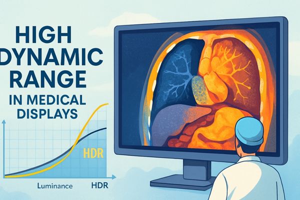 Illustration showing HDR in medical displays with a detailed anatomical image on a monitor, a luminance range comparison graph, and a medical professional observing the screen