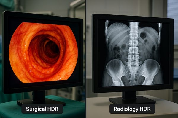 A split-screen showing an HDR endoscopic view and an HDR radiology scan