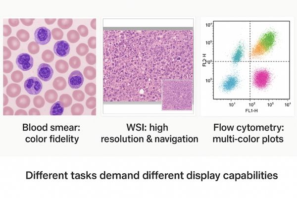 A collage of different hematology images: a detailed blood smear, a whole-slide pathology view, and a colorful flow cytometry plot
