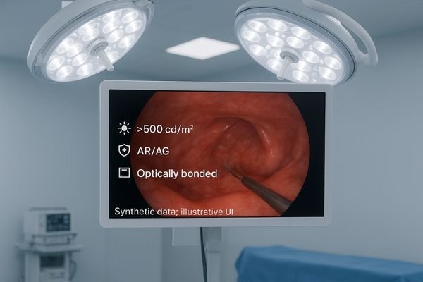 A surgical display in a brightly lit OR, with the screen showing a crisp, glare-free image despite the overhead surgical lights.
