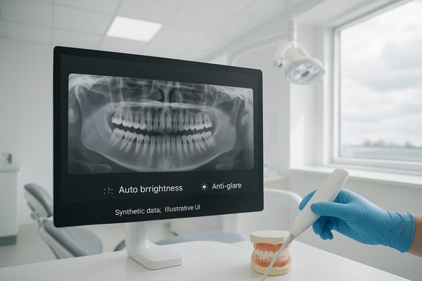 A medical display in a dental operatory with its high-brightness screen easily overpowering the reflections from overhead clinical lighting.