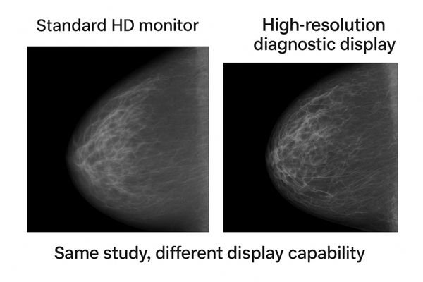 A side-by-side comparison of a mammogram on a high-resolution diagnostic display versus a standard HD monitor, highlighting the immense difference in detail and clarity.
