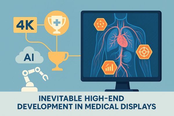 Futuristic medical display with 3D anatomical model and AI integration icons representing 4K imaging and robotic surgery.