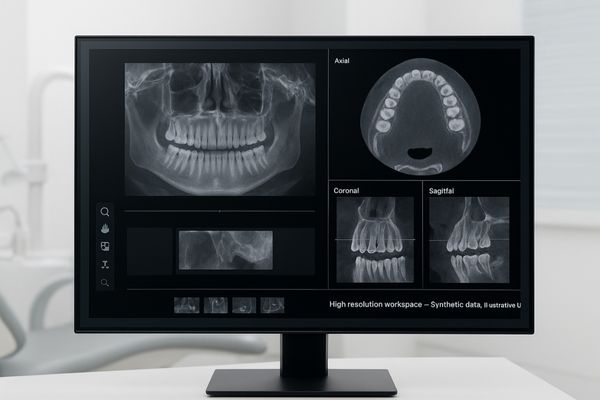 A large 4MP medical display showing a full CBCT volume alongside several cross-sectional slice views simultaneously.