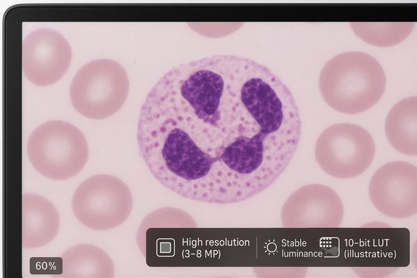 A close-up image of a medical display showing the crisp, well-defined nuclear and granular detail of a white blood cell
