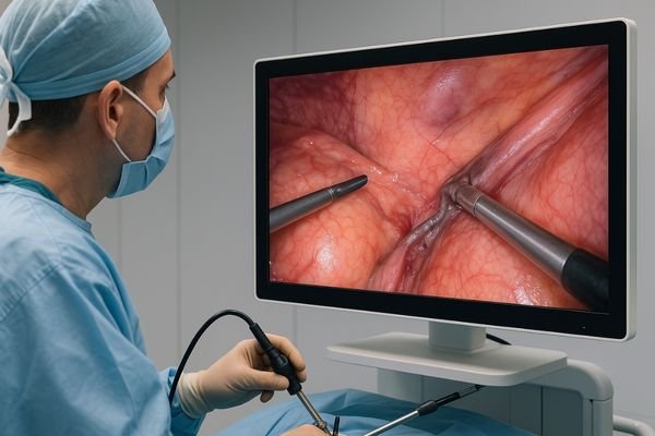 A clear, bright image of a surgeon performing laparoscopic surgery while looking at a high-resolution medical display