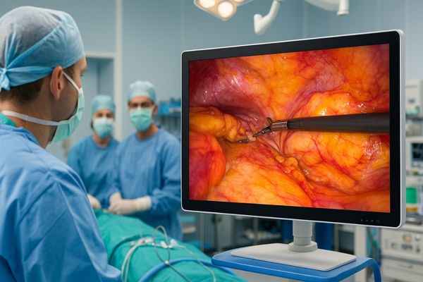 A high-resolution medical display used during minimally invasive laparoscopic surgery, showing clear anatomical details for surgical precision and teamwork.