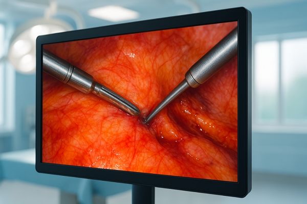A surgical display in a brightly lit operating room showing a vivid, high-contrast image of an endoscopic procedure