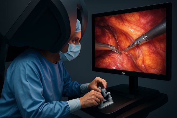 A surgeon using a robotic surgical system with a high-fidelity 3d 4k display