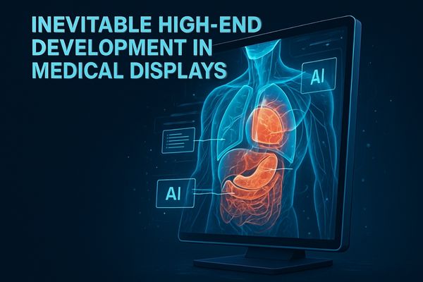 A futuristic medical display showing a complex 3D anatomical model with AI overlays