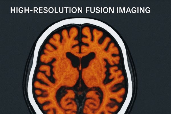 A close-up of a high-resolution screen showing the crisp alignment of fused CT and MRI brain scans