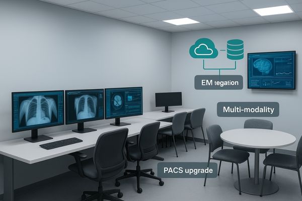 Image of a modern, digitized hospital with PACS workstations and large consultation displays