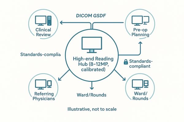 An illustration of a hub-and-spoke model, with a central high-end reading room hub connected to multiple clinical review spokes.