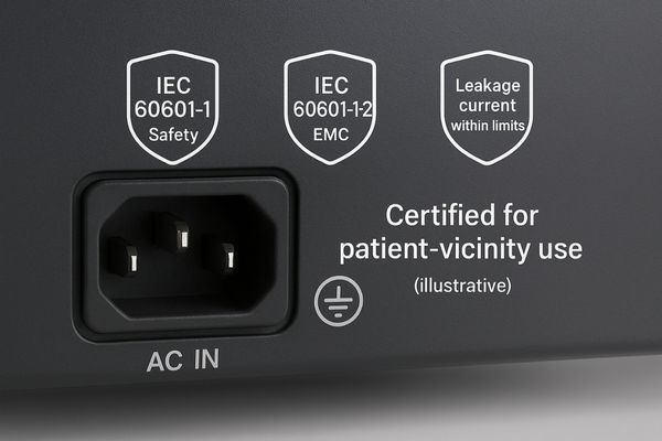 IEC 60601-1 compliance logo next to a monitor's power input