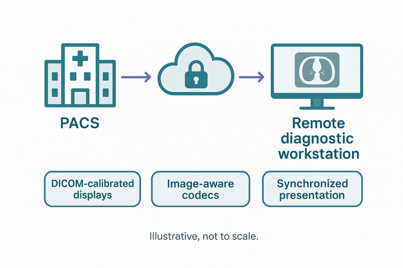 A graphic showing a seamless data flow from a hospital's PACS to a remote radiologist's workstation, with identical images on both ends