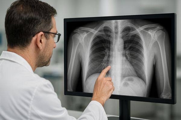 A radiologist closely examining a detailed chest X-ray on a high-resolution monitor