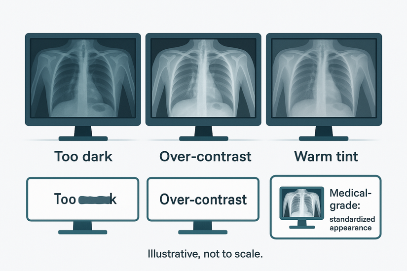 An illustration showing how the same X-ray can appear differently on three different consumer monitors due to varied settings