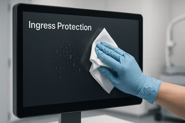 A medical display being wiped down with disinfectant