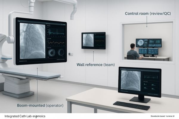 A wide-angle photo of a fully integrated cath lab, showing a large boom-mounted display, a smaller wall-mounted display, and an ergonomic workstation in the control room visible through a window.
