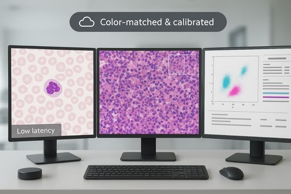 A multi-monitor hematology workstation showing a live microscope feed on one screen and patient data on another, with perfectly matched colors