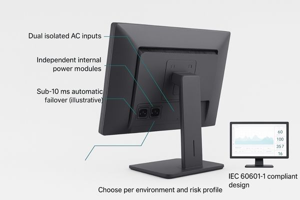 A Reshin medical monitor with a callout highlighting its integrated dual power design