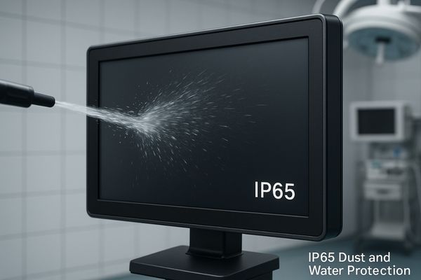 An IP65-rated display being cleaned with a low-pressure water jet