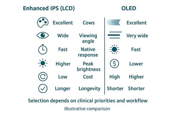 A graphic comparing key attributes (color, response time, cost, longevity) of IPS and OLED panel technologies