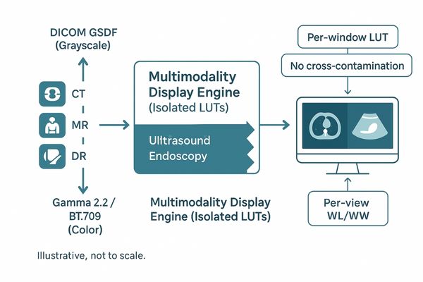 A diagram illustrating two isolated processing pipelines—one for DICOM GSDF, one for color gamma—both feeding a single multimodality display.