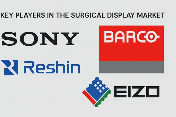 A collage of logos from the top surgical display manufacturers like Sony, Reshin, Barco, and EIZO
