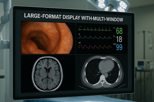 A large medical display in an operating room showing four different video feeds simultaneously: endoscopy, vitals, MRI, and CT