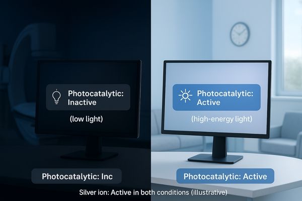 An image contrasting a display in a dark room with an 'inactive' icon versus a display in a bright room with an 'active' icon
