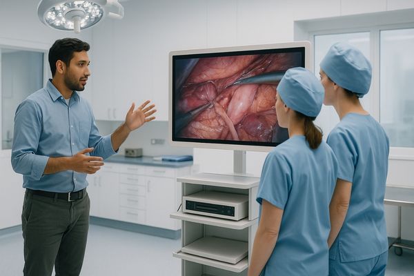A local engineer providing on-site training to hospital staff on a new surgical display