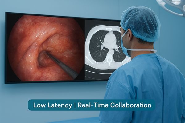 Surgeon in an OR looking at a large screen displaying both endoscopic video and radiological images