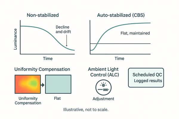 An infographic showing a graph of a monitor's brightness staying stable over years due to auto-calibration, versus a non-stabilized monitor's declining brightness.