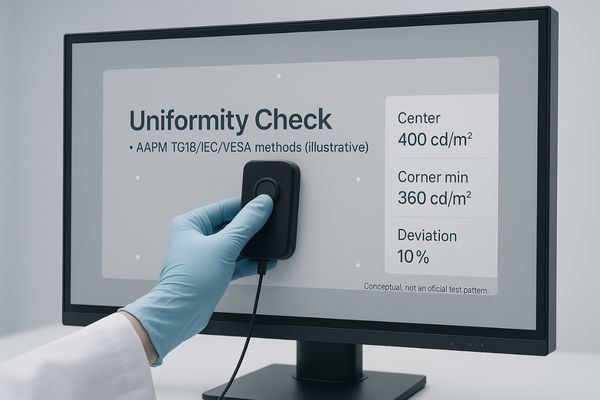 Technician measuring screen uniformity with a photometer