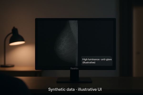 An image showing a mammogram on a high-brightness monitor in a moderately lit room, where details remain crisp and visible despite ambient light.