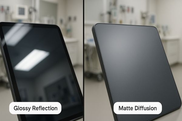 Light reflecting diffusely off a matte screen compared to a glossy screen