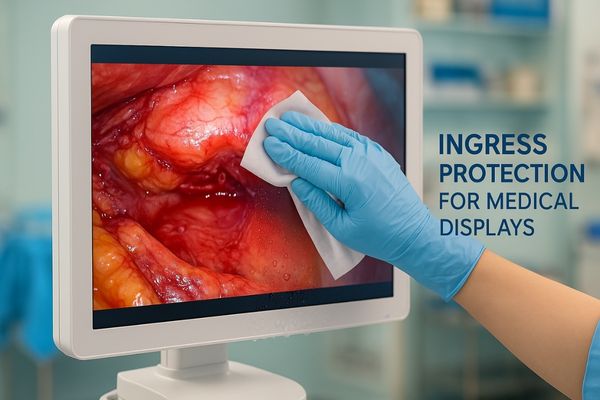Close-up of a medical display showing a vivid surgical image being cleaned with a disinfectant wipe by a gloved hand, highlighting ingress protection features