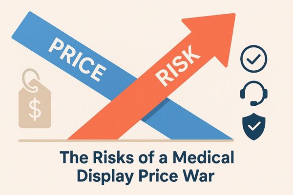Infographic illustrating the risks of a medical display price war with intersecting arrows showing decreasing price and increasing risk, symbolizing affordability versus quality concerns.