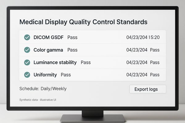 A quality control dashboard showing green checkmarks for DICOM compliance, color accuracy, and luminance stability tests on a medical display.